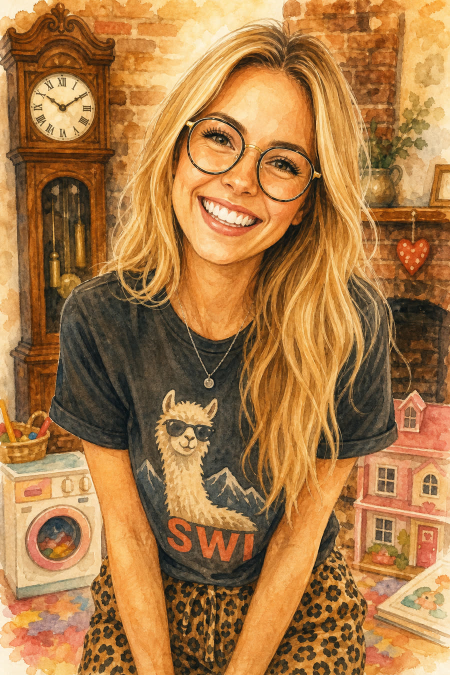 Watercolour illustration of a smiling woman with glasses in a cozy room
